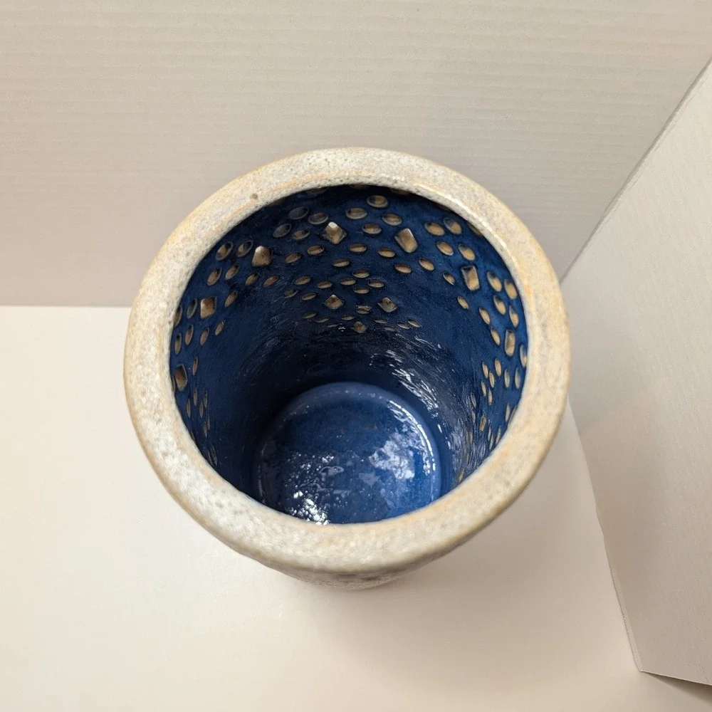 Anthropologie Ceramic Perforated Vase Lantern Candle‎ Holder Blue Cream Glaze